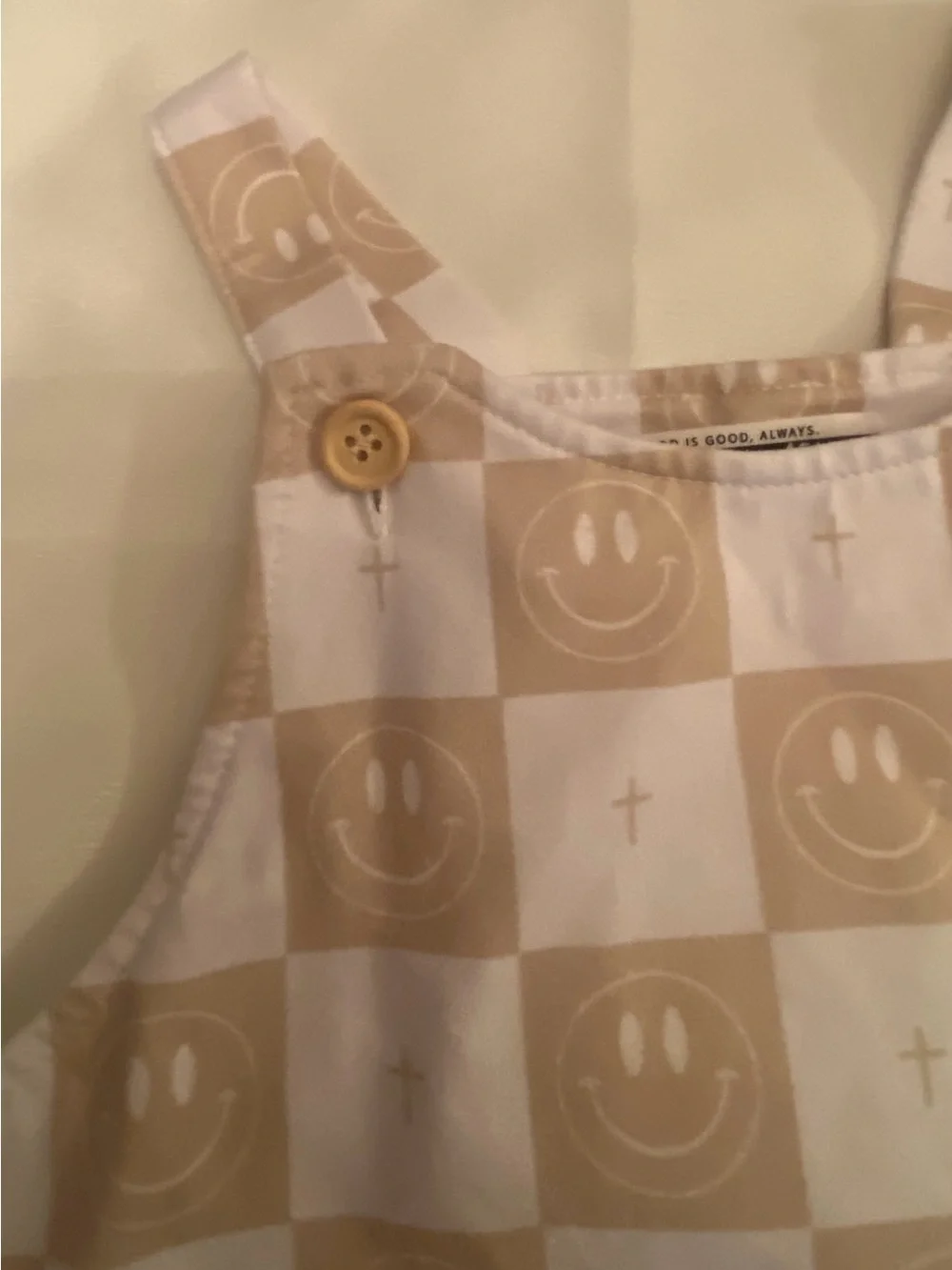 Amor Clothing Co Tan Checker Smiley Cross Jumper Romper 3T EUC ✝️😊